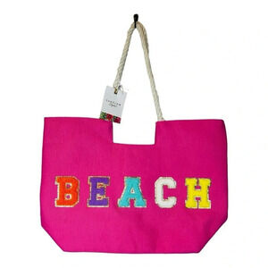 Sunglow‎ Style Beach Tote Bag Womens NWT Pink Chenille Patch Rope Handle Summer